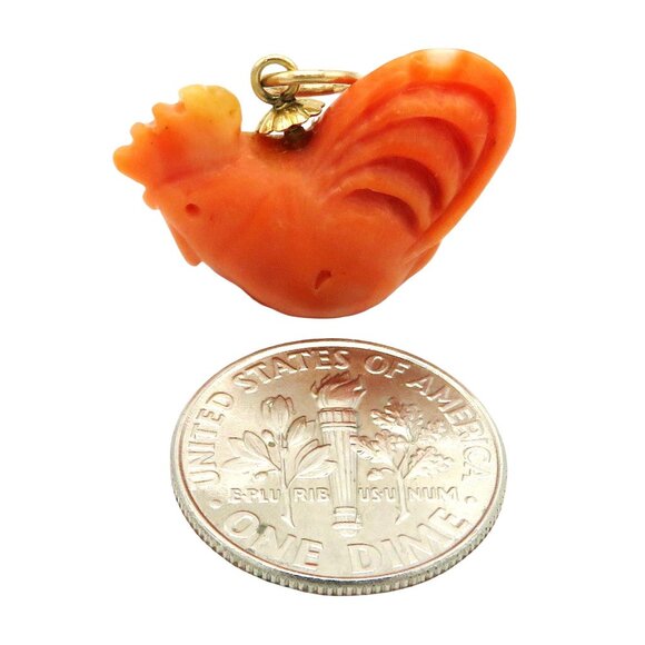 Vintage Art Deco Era 14K Gold & Carved Coral Mother Hen Chicken Charm - Picture 3 of 9